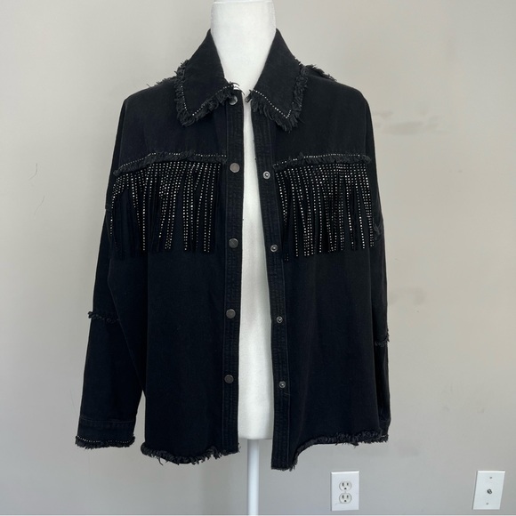 ZARA DENIM EMBELLISHED FRINGE BUTTON UP SHIRT JACKET SIZE SMALL IN BLACK - Picture 7 of 16